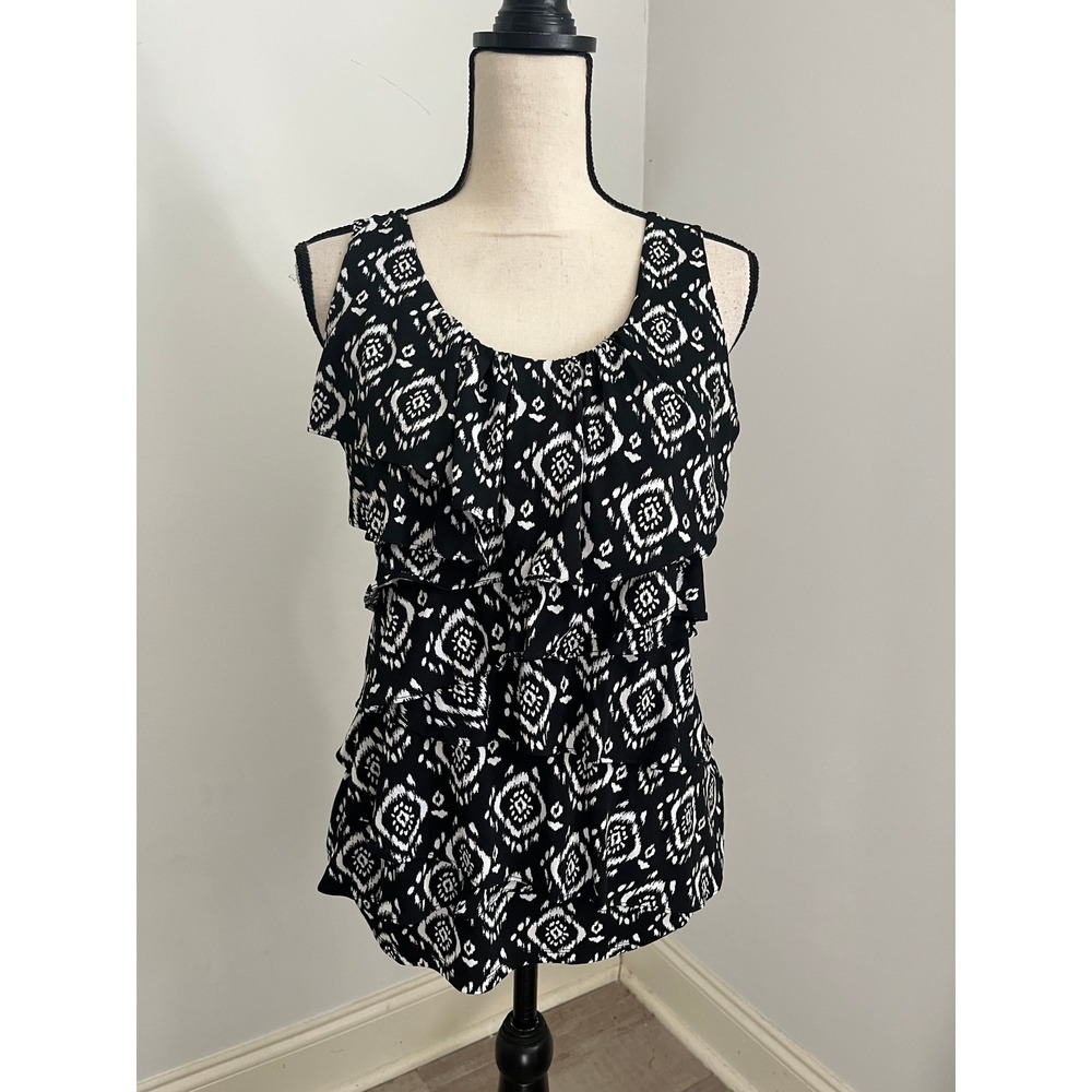 Ruffle Front Office Blouse Medium WHBM‎ Black White Sleeveless Artsy Office Chic